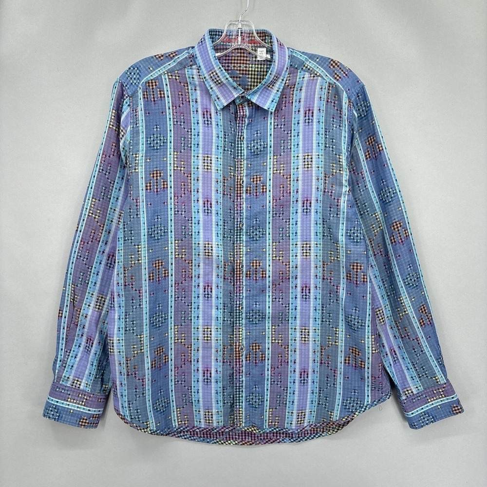 Robert Graham Shirt Mens XL Blue Purple Reversible Gingham Geometric‎ Jacquard - Picture 2 of 15